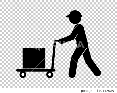 宅配荷物をカートで運ぶ作業員のピクトグラム 宅配荷物をカートで運ぶ作業員のピクトグラム 140442089