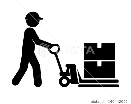 ハンドリフトで荷物を運ぶ作業員のピクトグラム 140442092