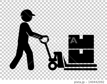 ハンドリフトで荷物を運ぶ作業員のピクトグラム 140442092