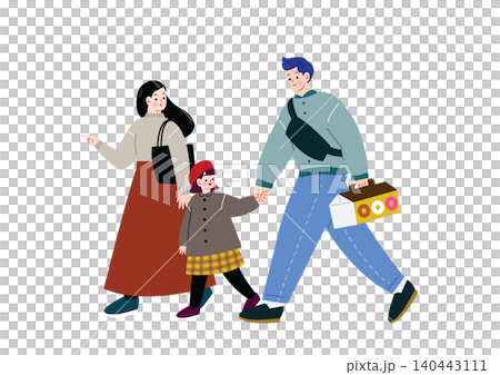 秋にお出かけする三人家族のイラスト 140443111