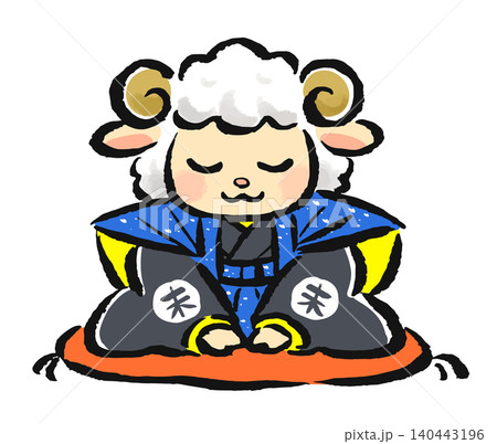 袴姿で新年のあいさつをする福助姿の干支の未(羊) 袴姿で新年のあいさつをする福助姿の干支の未(羊) 140443196
