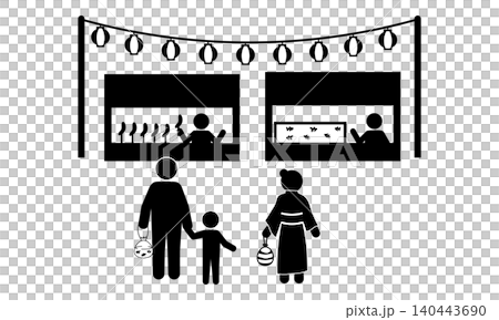 Family silhouettes enjoying food stalls under lanterns at a summer festival Family silhouettes enjoying food stalls under lanterns at a summer festival 140443690