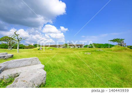 青空と海に包まれた南ぬ浜町緑地公園の広々とした芝生風景 石垣島 青空と海に包まれた南ぬ浜町緑地公園の広々とした芝生風景 石垣島 140443939
