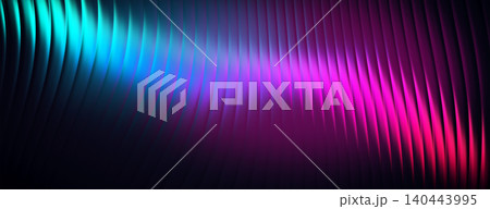 Abstract dark panoramic background with wavy vertical lines and glowing neon cyan and pink gradient. 140443995
