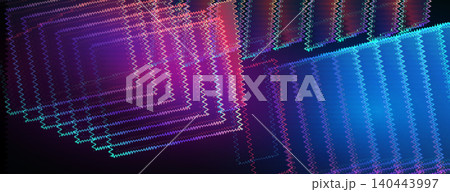 Abstract glowing neon zigzag lines background. Cyberpunk geometric wireframe texture in vibrant purple, pink, and blue colors. 140443997
