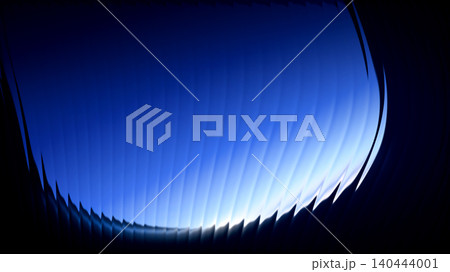 Abstract dark blue glowing background. Curved sleek metallic panels with sharp edges and deep shadows. 140444001
