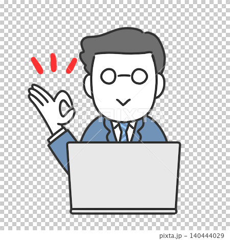 A man in a suit makes an OK sign in front of a computer. A man in a suit makes an OK sign in front of a computer. 140444029