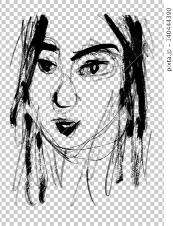[Transparent Background] Hand-drawn monochrome line art of a woman's face 140444390