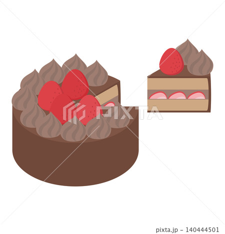 アイソメトリックイラスト：カットされたホールケーキ(チョコレート) 140444501