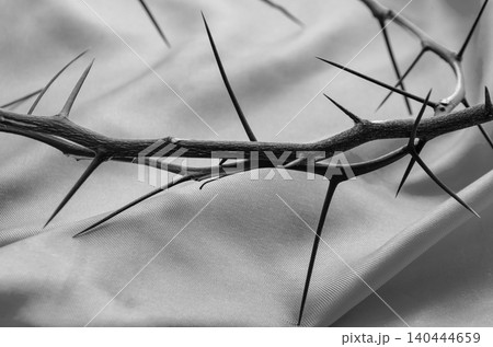 Monochrome Crown of Thorns on Fabric Representing Somber Reflection 140444659