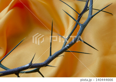 Crown of Thorns Resting on Orange Silk Fabric Symbolizing Christian Sacrifice 140444666
