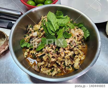Authentic Thai Spicy Minced Chicken Salad Larb Gai with Mint Leaves Authentic Thai Spicy Minced Chicken Salad Larb Gai with Mint Leaves 140444803