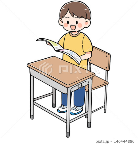 授業中に立って教科書を読む男の子のイラスト 授業中に立って教科書を読む男の子のイラスト 140444886