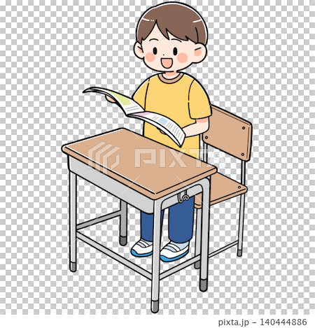 授業中に立って教科書を読む男の子のイラスト 授業中に立って教科書を読む男の子のイラスト 140444886