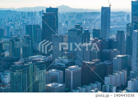High-angle panoramic view of Yeouido financial district skyscrapers and the Han River on a clear summer afternoon in Seoul, South Korea High-angle panoramic view of Yeouido financial district skyscrapers and the Han River on a clear summer afternoon in Seoul, South Korea 140445036