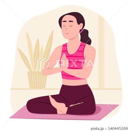 Healthy Woman Practicing Yoga Meditation at Home for Mental Well Being, Healthcare and Exercise Concept Illustration Healthy Woman Practicing Yoga Meditation at Home for Mental Well Being, Healthcare and Exercise Concept Illustration 140445209