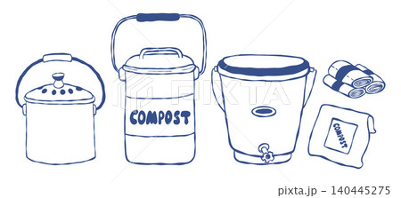Composting and Waste Management Set. Household Compost Bin, Bucket, and Disposal Bag. Organic Waste Recycling and Eco-Friendly Lifestyle Collection. Vector Illustration Isolated Blue Hand Drawn. Composting and Waste Management Set. Household Compost Bin, Bucket, and Disposal Bag. Organic Waste Recycling and Eco-Friendly Lifestyle Collection. Vector Illustration Isolated Blue Hand Drawn. 140445275
