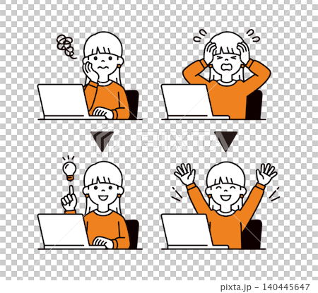 A set of vector illustrations depicting the upper body of a young woman/student sitting in front of a computer, resolving/resolving a problem. A set of vector illustrations depicting the upper body of a young woman/student sitting in front of a computer, resolving/resolving a problem. 140445647