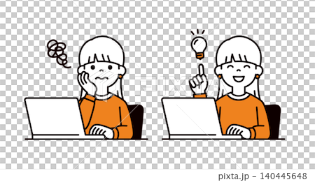 A set of vector illustrations of the upper body of a teenage/twenties female university student understanding a problem through online learning. A set of vector illustrations of the upper body of a teenage/twenties female university student understanding a problem through online learning. 140445648