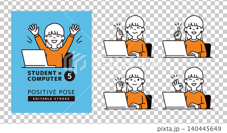 ポジティブな表情・ポーズでパソコンを操作する、若い女性・学生のベクターイラスト素材セット ポジティブな表情・ポーズでパソコンを操作する、若い女性・学生のベクターイラスト素材セット 140445649