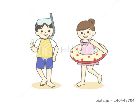 海水浴を楽しむ水着の男の子と女の子のイラスト 140445704