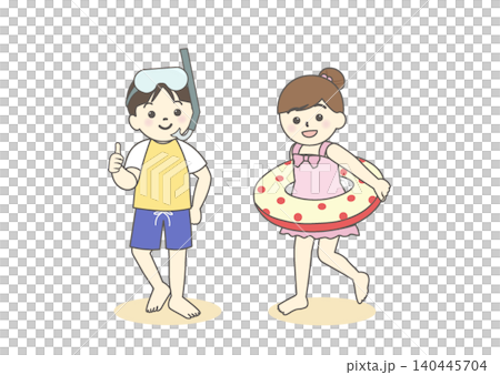 海水浴を楽しむ水着の男の子と女の子のイラスト 140445704