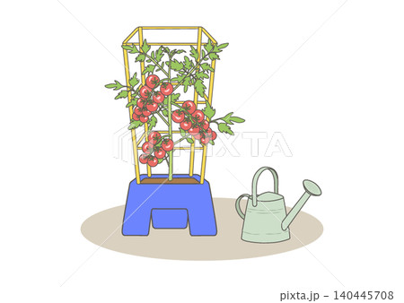 植木鉢のミニトマトとじょうろのイラスト 植木鉢のミニトマトとじょうろのイラスト 140445708