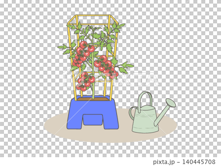 植木鉢のミニトマトとじょうろのイラスト 植木鉢のミニトマトとじょうろのイラスト 140445708