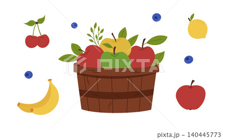 Colorful fruit basket with apples, bananas, cherries, and blueberries for design purposes Colorful fruit basket with apples, bananas, cherries, and blueberries for design purposes 140445773