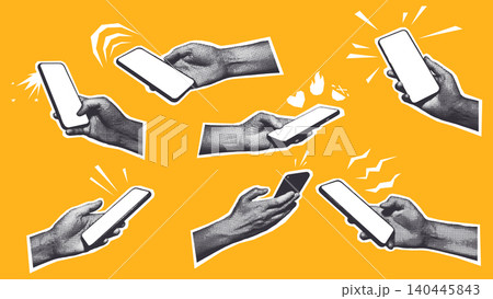 Hands Holding Smartphones Halftone Set Yellow Background 140445843
