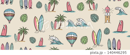 Hello Summer, pattern with surfboard, palm tree and wave, hand drawn illustration.	 140446295