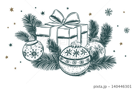 Hand-drawn Christmas Gift with Ball and Pine Branches Hand-drawn Christmas Gift with Ball and Pine Branches 140446301