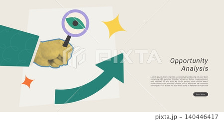 Halftone collage of a hand holding a magnifying glass with an eye icon above a growth arrow, representing opportunity analysis and business insight. Perfect for strategy, marketing, and finance conten 140446417