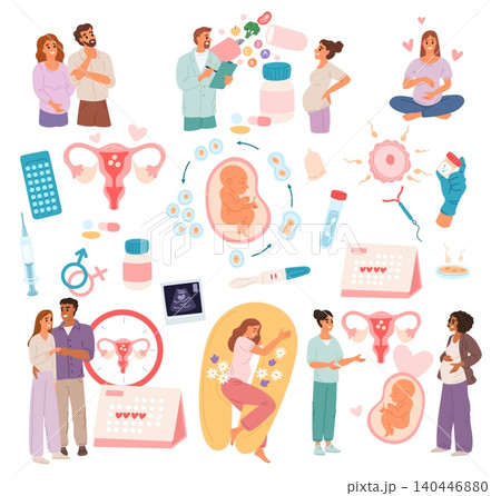 Birth rate. Artificial insemination. IVF conception. Fundamentals of gynecology and obstetrics. Couples at gynecological consultation. Doctors and pregnant women. Vector elements set Birth rate. Artificial insemination. IVF conception. Fundamentals of gynecology and obstetrics. Couples at gynecological consultation. Doctors and pregnant women. Vector elements set 140446880