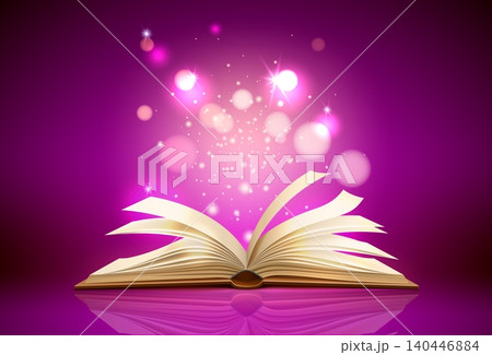 Book with mystical light. Realistic open pages with shimmering and glowing particles. 3D illustrations for childrens literature. Fantasy story about miracle. Vector fiction novel sheets 140446884
