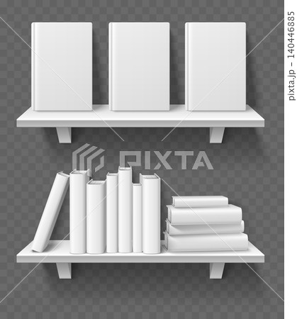 Bookshelf with realistic books. 3D library shelf with empty, thick volumes. Literature exhibition. Interior furniture. Textbook display on rack. Vector objects viewed from side and front Bookshelf with realistic books. 3D library shelf with empty, thick volumes. Literature exhibition. Interior furniture. Textbook display on rack. Vector objects viewed from side and front 140446885