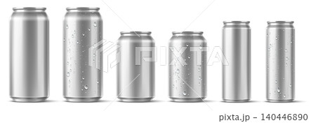 Cans with condensation droplets. Realistic metal containers for cold drinks. Clean bottles. 3D packaging with water droplets. Aluminum jars for beer. Soda and lemonade tins vector set Cans with condensation droplets. Realistic metal containers for cold drinks. Clean bottles. 3D packaging with water droplets. Aluminum jars for beer. Soda and lemonade tins vector set 140446890