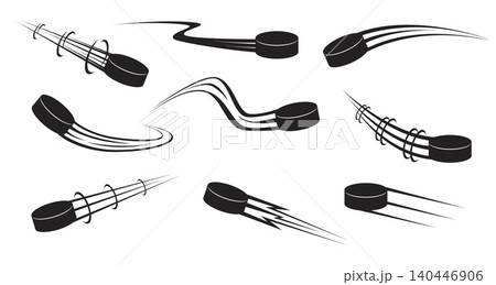 Flying black hockey pucks for playing sport game. Airflow trail. Fast goal. Flight stream track. Ball hit motion flow. Movement trajectory. Vector set of silhouettes on white background Flying black hockey pucks for playing sport game. Airflow trail. Fast goal. Flight stream track. Ball hit motion flow. Movement trajectory. Vector set of silhouettes on white background 140446906
