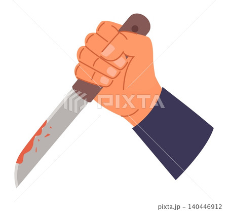 Mans hand with bloody knife. Scary murderer. Dangerous killer. Maniac arm with homicidal dagger. Blade with dripping blood. Criminal aggression. Vector concept of crime and violence Mans hand with bloody knife. Scary murderer. Dangerous killer. Maniac arm with homicidal dagger. Blade with dripping blood. Criminal aggression. Vector concept of crime and violence 140446912