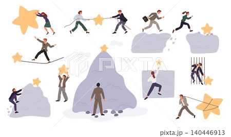 People achieve goals. Men and women overcome obstacles. Businessmen leap across chasms, scale walls and conquer career peaks. Employee balancing on rope. Achievement concepts vector set People achieve goals. Men and women overcome obstacles. Businessmen leap across chasms, scale walls and conquer career peaks. Employee balancing on rope. Achievement concepts vector set 140446913
