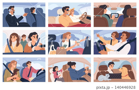 People behind wheel of cars. Happy men and women in auto interiors. Private vehicles. Drivers and passengers travel. Road transport traffic. Automobile transportation scenes vector set 140446928