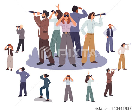 People gazing into distance. Men and women with telescopes. Businessman with binoculars. Characters looking at future. New perspectives and opportunities. Exploring persons vector set People gazing into distance. Men and women with telescopes. Businessman with binoculars. Characters looking at future. New perspectives and opportunities. Exploring persons vector set 140446932