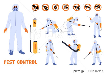 Pest control specialists. Team of parasite extermination workers. People in protective suits and masks carry chemical sprayers. Insects fumigation. Stop icons. Exterminators vector set 140446944