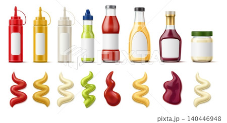 Realistic bottle with sauce and splashes. Glass 3D packaging design featuring tomato ketchup, barbecue seasoning and mustard. Squeezed dressing salsa. Various liquid condiments vector set Realistic bottle with sauce and splashes. Glass 3D packaging design featuring tomato ketchup, barbecue seasoning and mustard. Squeezed dressing salsa. Various liquid condiments vector set 140446948