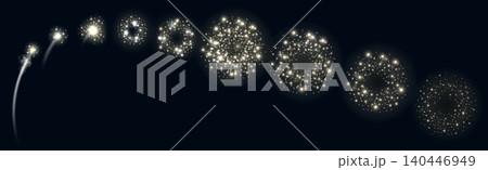 Realistic fireworks animation. 3D animated explosion created frame by frame. Salute featuring gradual stages. Grand finale and glowing particles. Pyrotechnic sequence steps vector set Realistic fireworks animation. 3D animated explosion created frame by frame. Salute featuring gradual stages. Grand finale and glowing particles. Pyrotechnic sequence steps vector set 140446949