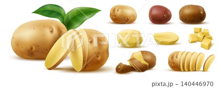 Realistic potatoes. Raw starchy vegetables. Whole or cut in various ways. Unpeeled and peeled tubers. 3D root cubes or rings. Organic uncooked food pieces. Vector isolated objects set Realistic potatoes. Raw starchy vegetables. Whole or cut in various ways. Unpeeled and peeled tubers. 3D root cubes or rings. Organic uncooked food pieces. Vector isolated objects set 140446970