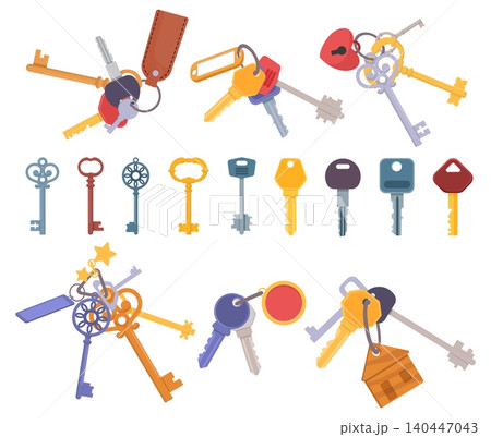 Door key. Keychains featuring trinkets. Accessories for unlocking doorways in residential and commercial properties. Openers bundle. Vintage and modern designs. Vector latchkeys set Door key. Keychains featuring trinkets. Accessories for unlocking doorways in residential and commercial properties. Openers bundle. Vintage and modern designs. Vector latchkeys set 140447043