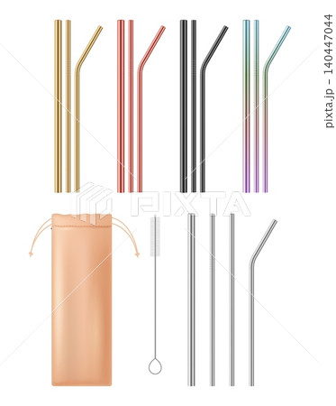 Drinking straws. Realistic beverage eco pipes. Silver or golden colored sticks. Cleaning brush. Straight and curved steel tools. Storage container. Vector ecological bar accessories set Drinking straws. Realistic beverage eco pipes. Silver or golden colored sticks. Cleaning brush. Straight and curved steel tools. Storage container. Vector ecological bar accessories set 140447044
