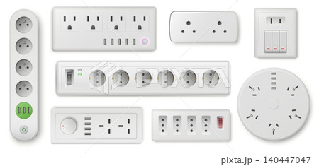 Extension cord. Realistic electrical components. 3D white plastic outlets. Insulated triple cable connectors. USB ports. Electricity circuit. Device adapters types. Sockets vector set Extension cord. Realistic electrical components. 3D white plastic outlets. Insulated triple cable connectors. USB ports. Electricity circuit. Device adapters types. Sockets vector set 140447047