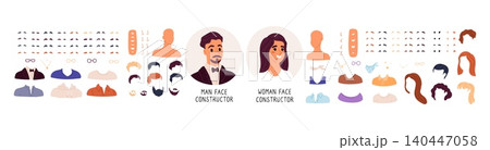 Face builder. Avatar generator kit. Attractive young people. Various hairstyles and eyebrows. Nose or eye shapes. Emotional expression. Vector set of male or female facial features 140447058
